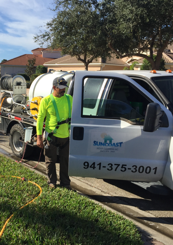 Suncoast Roof Cleaning in Sarasota getting ready to clean a roof